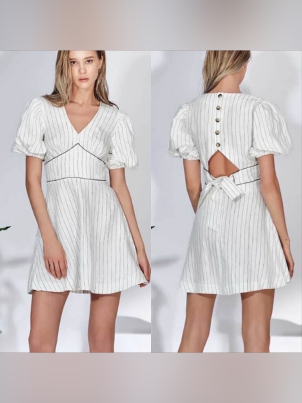 N12H Erin Striped Puff Sleeve Tie Back Belted Mini Dress Cream 100% Linen XS
